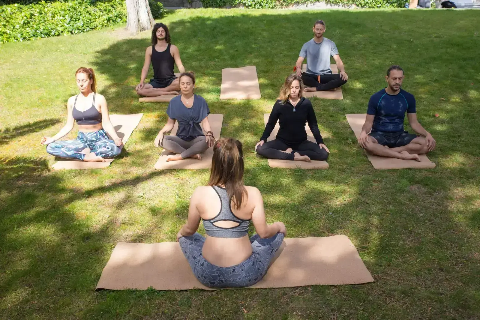Group yoga session outdoors with instructor leading on mat.