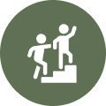 Icon of one person helping another up steps.