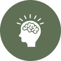 Icon of a human head with a glowing brain symbolizing ideas or intelligence.
